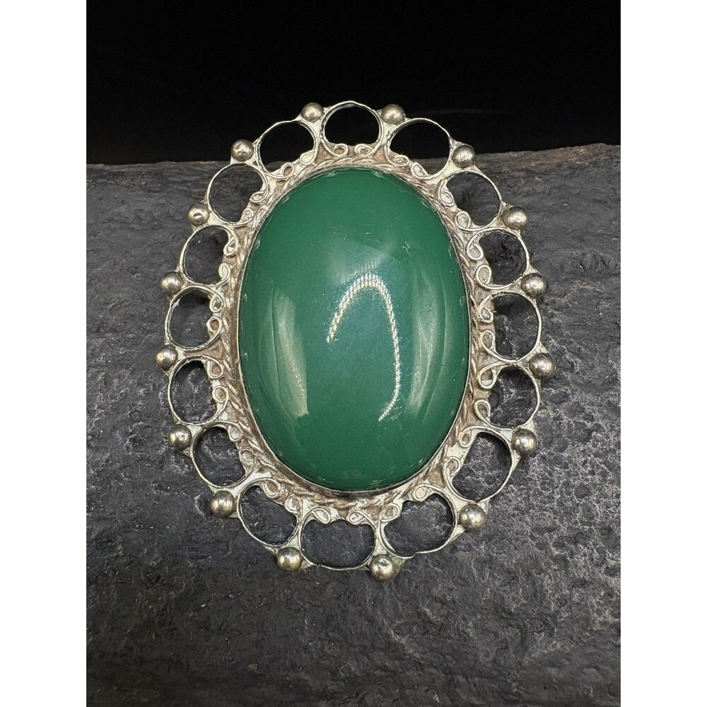 Vintage Sterling Silver 925 Pendant Brooch Estate Jewelry Green Stone 19.99g